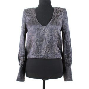 L'AGENCE Animal Print Bodysuit Top Grey Black Scoop Neck Long Sleeve NEW XS